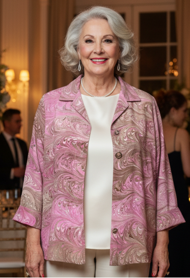 Woman in a pink and beige jacket and white pants standing in an elegant indoor setting with floral decorations.