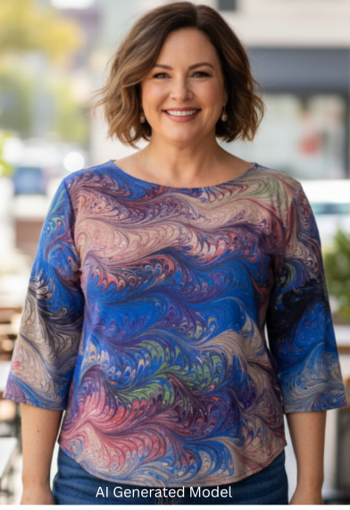 Woman wearing a colorful marbled silk blouse standing outdoors with blurred background.  AI Generated model.