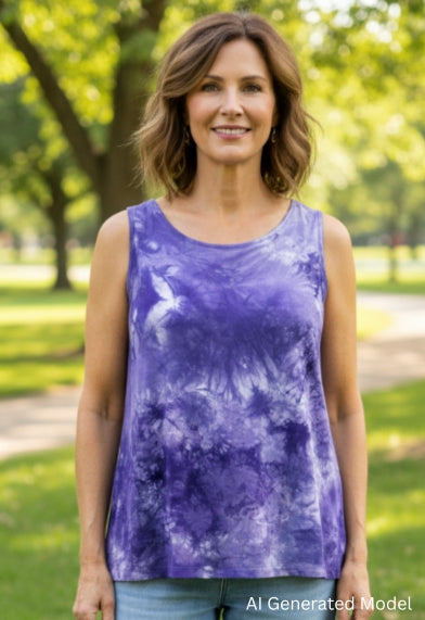 Woman wearing a purple hand dyed tank top and blue jeans standing in a park.