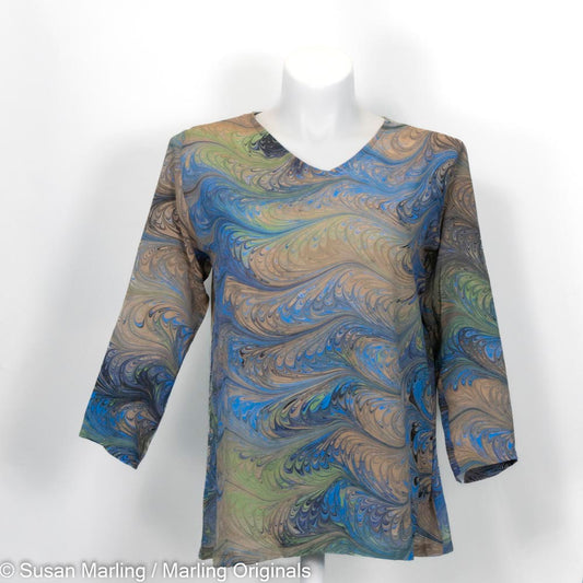 marbled silk tunic in grey, celery, tan and blue.  V neck with 3/4 length sleeves