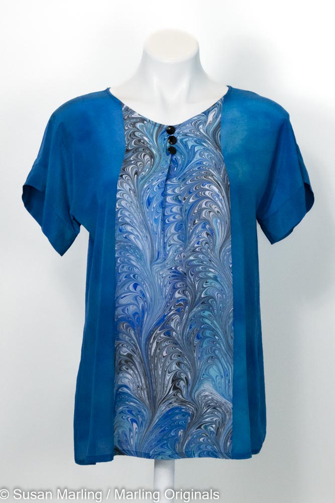 brilliant blue silk shirt with front marbled inset