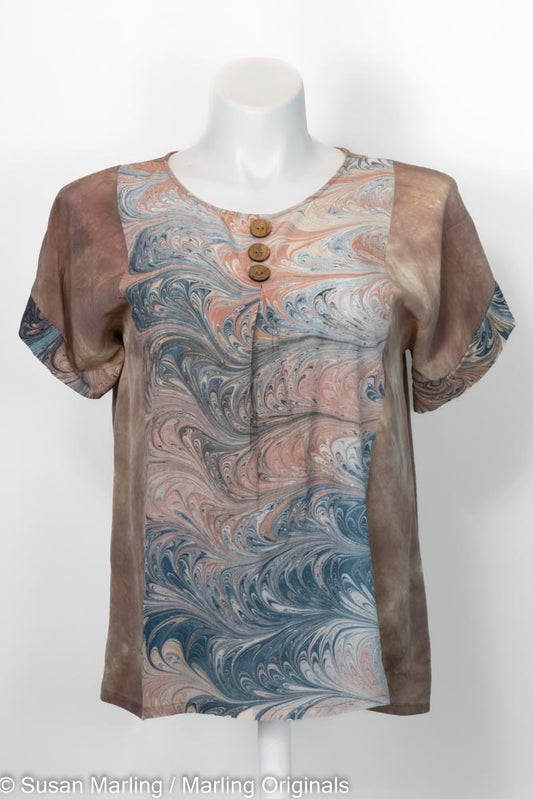 Taupe dyed silk blouse with marbled inset fabric 