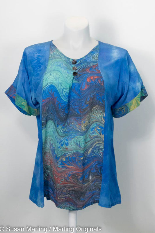 dyed silk blouse in rich blue with marbled center inset in primary colors.  Short sleeve round neck