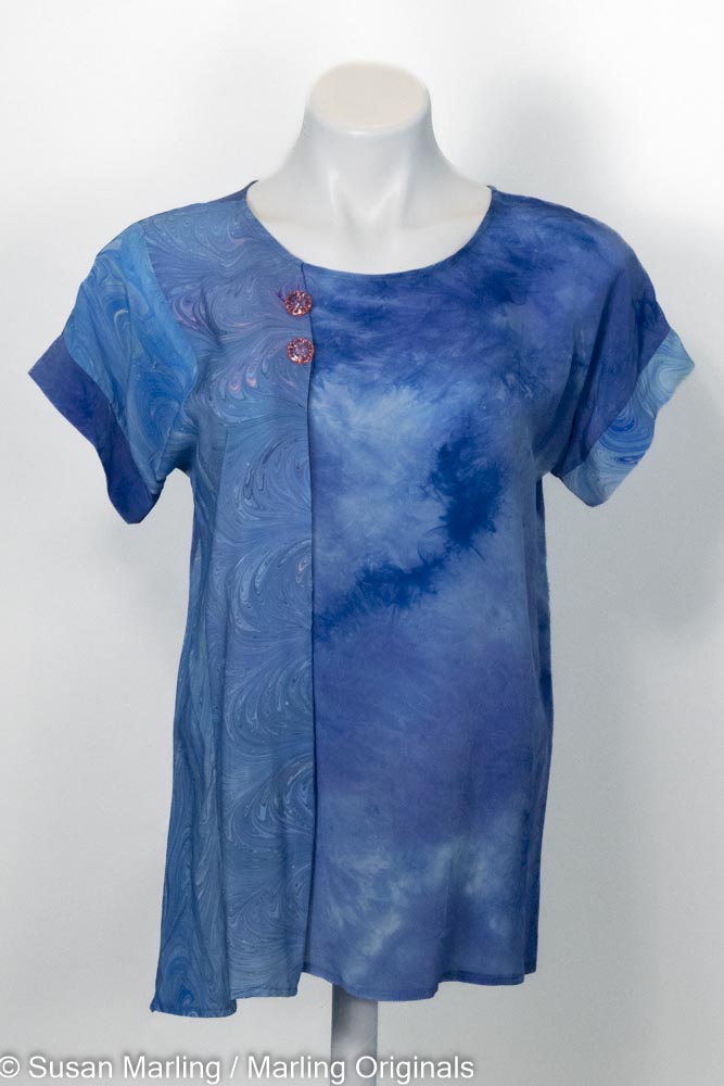 hand dyed silk blouse in medium blue with a side pleat created with marbled silk 