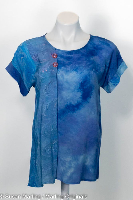 hand dyed silk blouse in medium blue with a side pleat created with marbled silk 