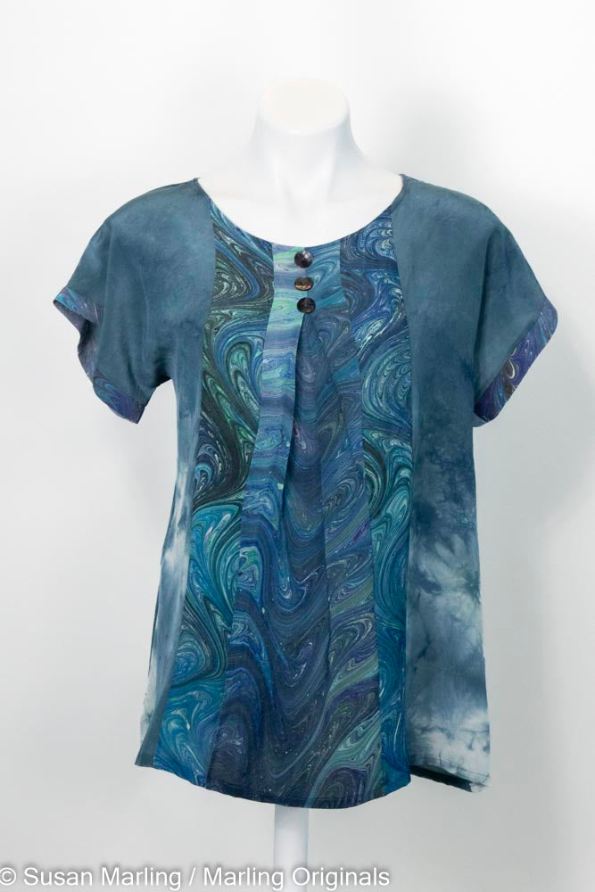 dyed silk blouse in deep teal with marbled inset and center pleat