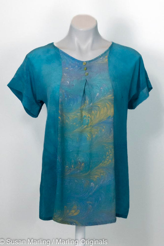 soft jade dyed silk blouse with center marbled inset accented by 3 soft yellow buttons