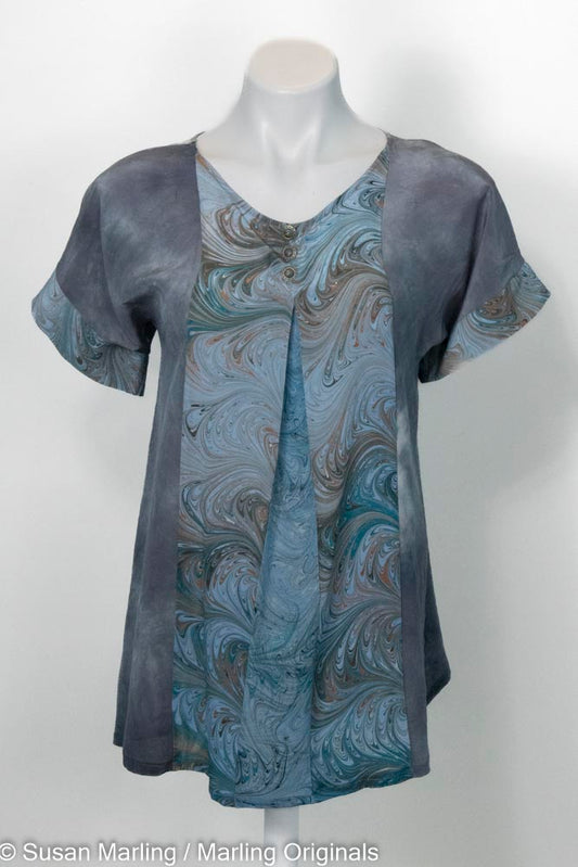 hand dyed grey silk top with a marbled center silk inset in blues, brown and grey