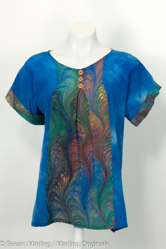 Dyed silk blouse in medium blue with vivid marbled silk center inset