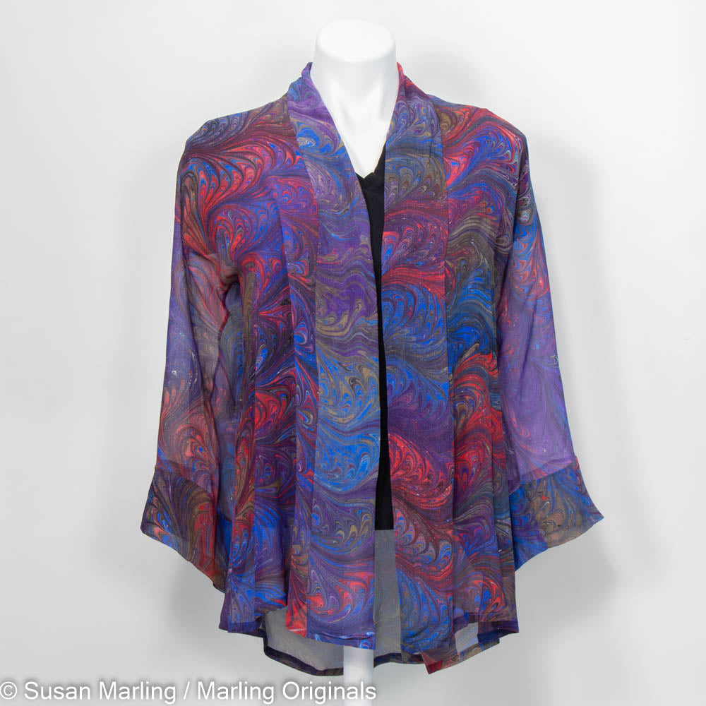 sheer kimono marbled in rich blue, purple, browns and red.  One size fits most