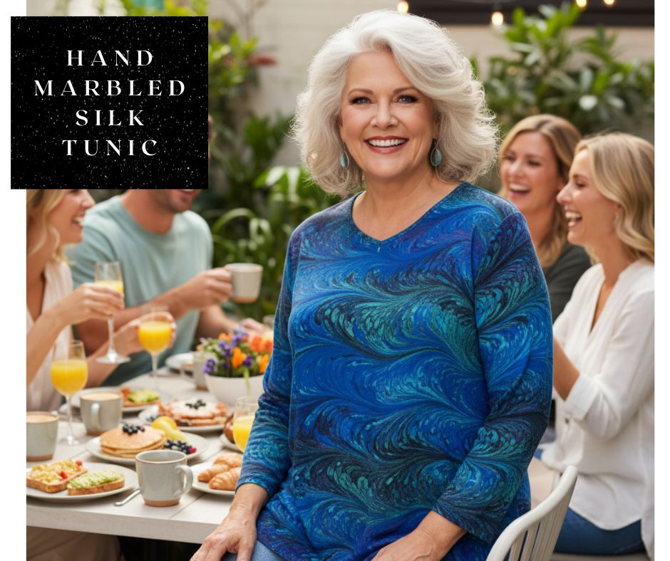 Woman wearing a blue hand marbled silk tunic sitting at an outdoor gathering.
