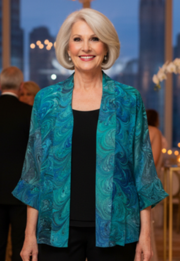 Woman in a marbled silk chiffon teal jacket and black pants standing in a formal event setting with chandeliers and floral arrangements.