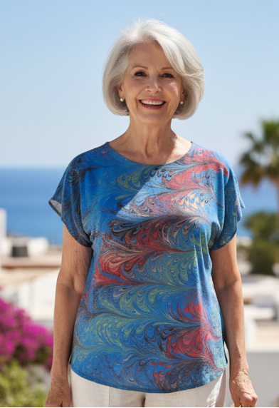 Woman in a colorful marbled silk short sleeve top and white pants standing outdoors with palm trees and ocean in the background