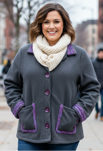 woman wearing a charcoal colored polar fleece jacket with decorative trim on the cuffs, collar and pockets