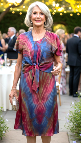 Woman in a shibori dyed silk satin dress standing outdoors at an event with people and decorations.