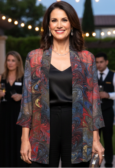 woman wearing a warm colored marbled silk kimono over pants