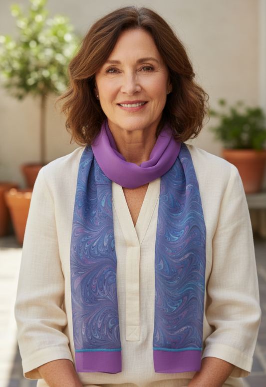 Woman wearing a lilac and blue marbled silk chiffon scarf in an outdoor setting with plants.