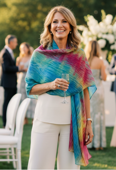 Woman wearing a colorful hand dyed silk scarf and white pants at an outdoor event.