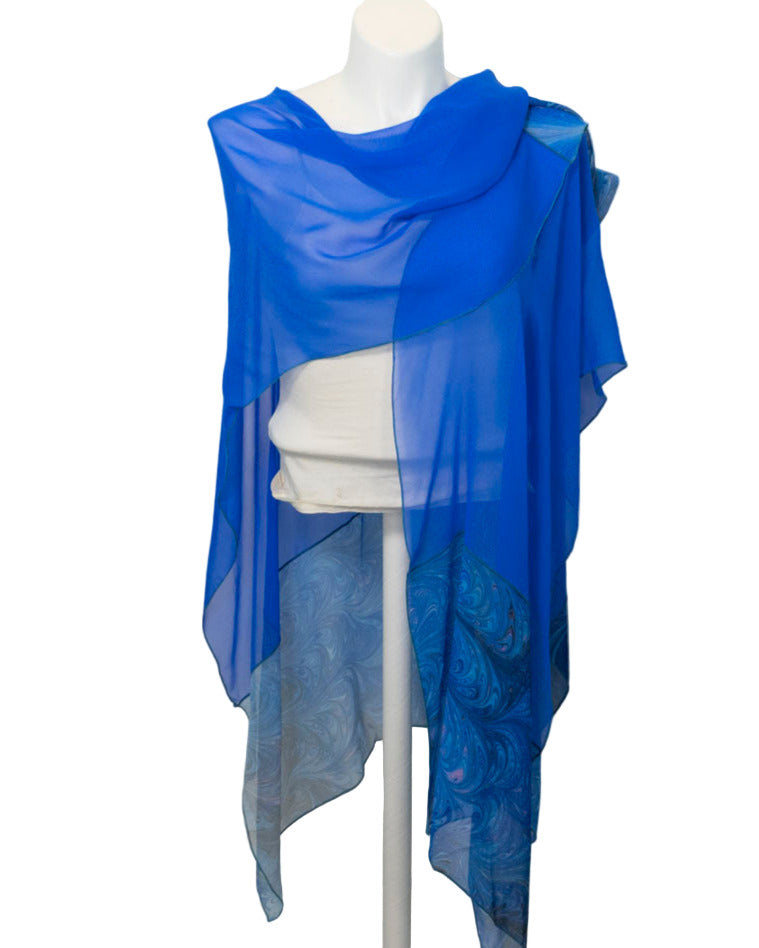 Blue sheer scarf on a mannequin against a white background