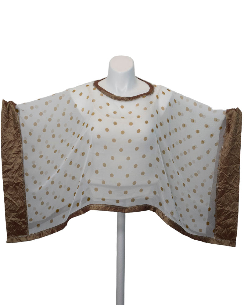 white and gold polka dot poncho with gold banding