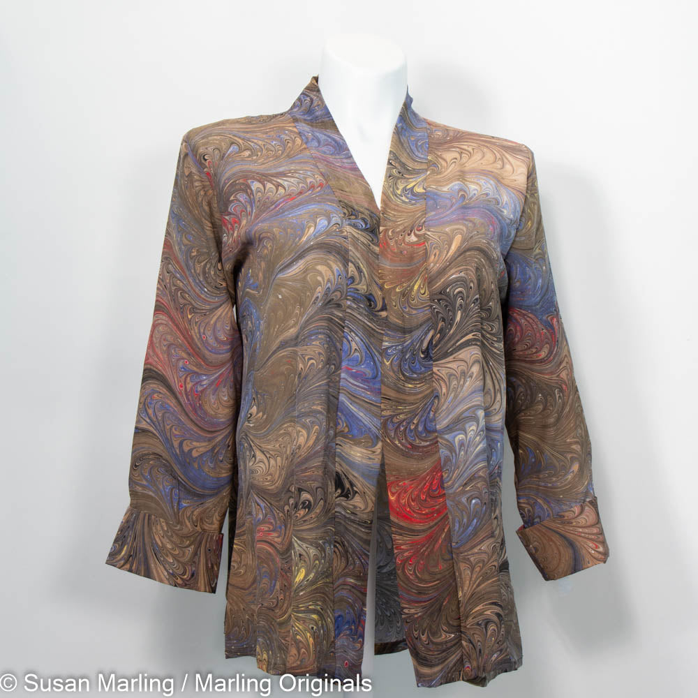 marbled silk swing jacket in tones of browns, grey, red and gold.