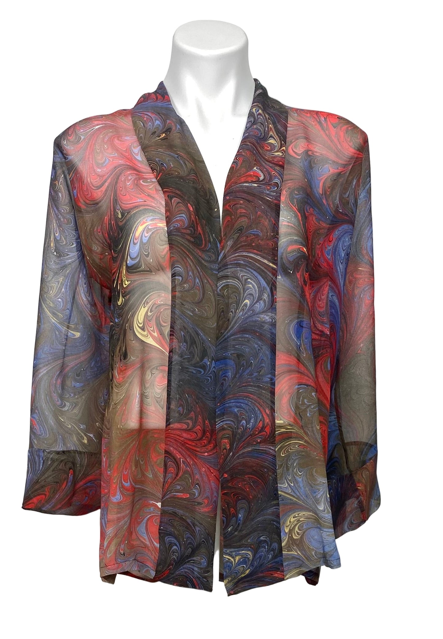 marbled silk kimono jacket in rich brown with gray, red and gold highlights