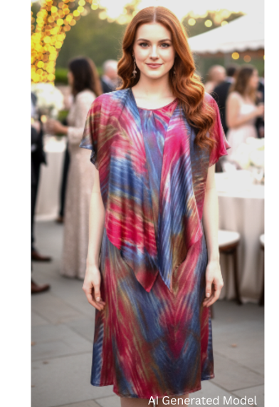 Woman wearing a shibori dyed silk satin dress at an outdoor event with blurred background.  AI generated models