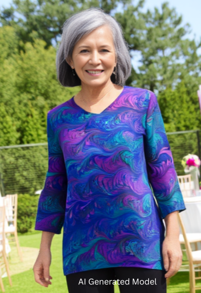 Woman standing outdoors wearing a marbled black jewels silk tunic in a garden party setting.  AI generated model. 