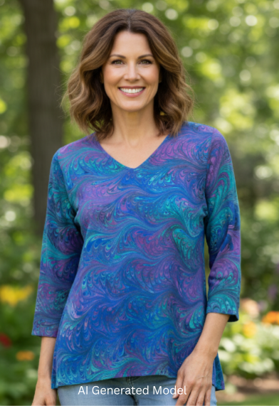 woman wearing a brilliantly marbled silk tunic top standing outdoors.  AI generated model.