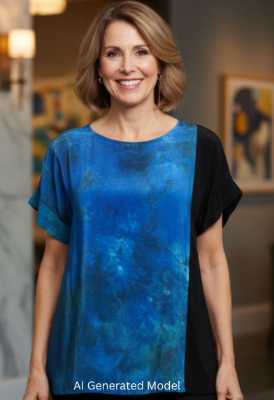 Woman wearing a blue and black top in an indoor setting.  AI generated model.
