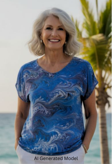 Woman wearing a blue and purple marbled silk shirt by the ocean with palm trees in the background.  AI generated model.