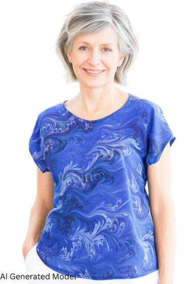 woman wearing soft blue and purple silk top hand marbled.  AI generated model.