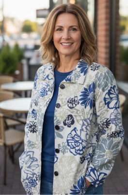Woman wearing a floral jacket standing outdoors with blurred background