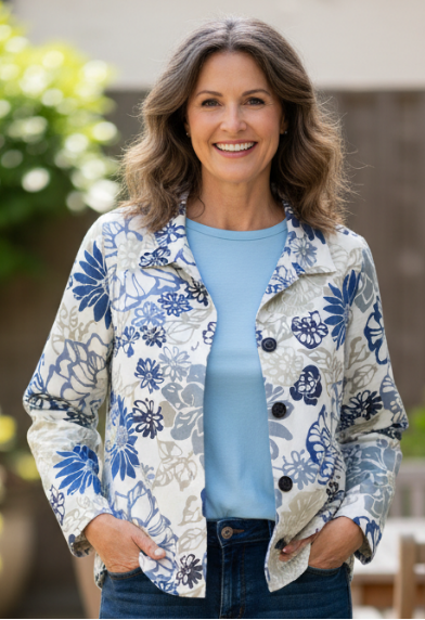 Woman wearing a floral jacket, blue shirt, and jeans standing outdoors.