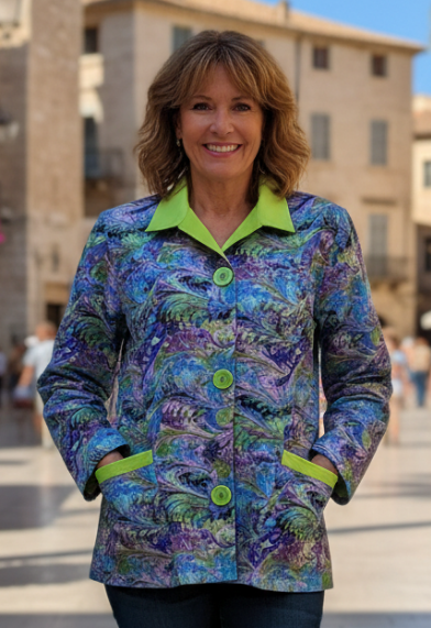 Woman wearing a colorful marbled cotton jacket with lime accents in an outdoor setting with palm trees and buildings.