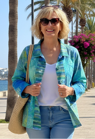 Woman in casual cotton dyed and marbled jacket standing on a sunlit sidewalk with palm trees and ocean view.
