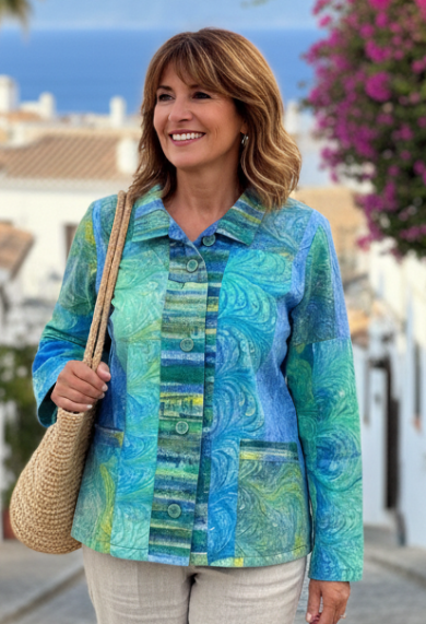 Woman in a colorful dyed and marbled jacket walking on a cobblestone street with flowers and buildings in the background.