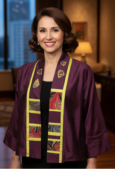 Woman wearing a deep eggplant silk jacket with decorative patterns in an indoor setting.