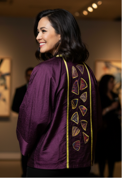 Woman in deep eggplant silk dupioni jacket with intricate designs standing in an art gallery.