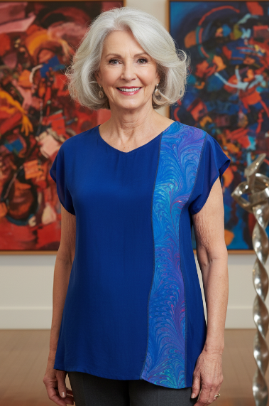 Woman in a hand dyed blue silk top with a marbled pattern inset standing in an art gallery with colorful paintings and sculptures.