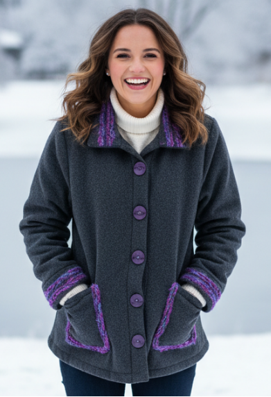 Woman wearing an embellished  fleece jacket with yarn accents standing in a snowy landscape