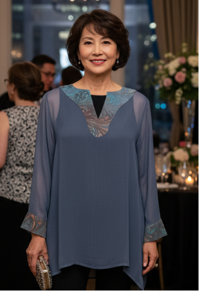 Woman in a gray sheer tunic with marbled trim and black pants standing in a formal event setting with chandeliers and floral arrangements.
