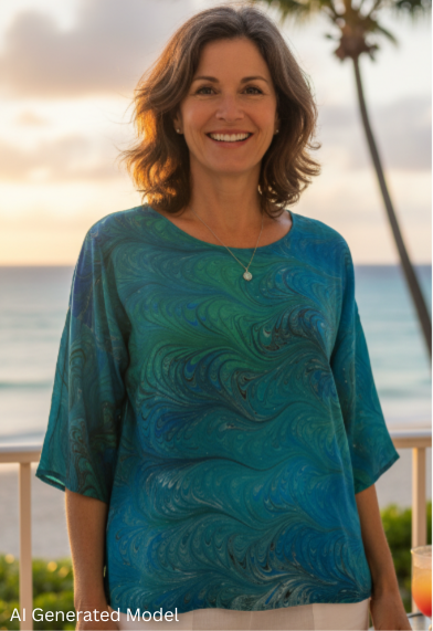 Woman in an emeralds marbled silk top standing by a beach with palm trees and sunset.  AI generated model.