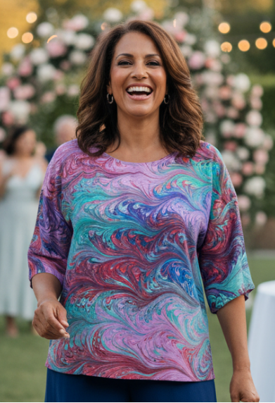 woman wearing a marbled silk half sleeve top at an outdoor event