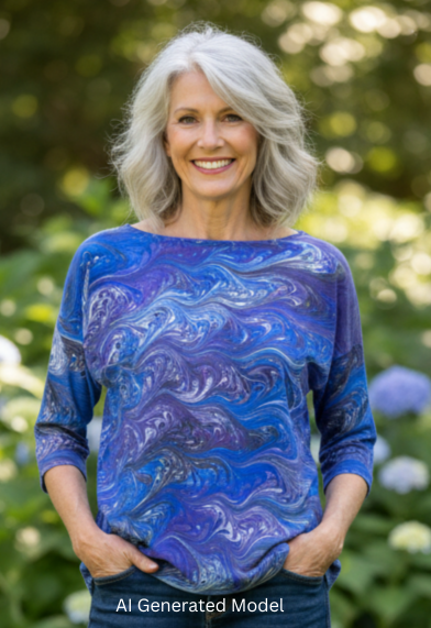 woman wearing a blue, purple, black and white marbled silk top in an outdoor setting.  AI generated model.