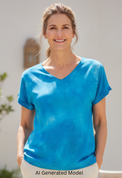 Woman wearing a hand dyed silk turquoise tee and beige pants standing outdoors.  AI generated model.