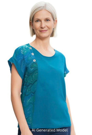 woman wearing jade shirt with jade marbled front panel