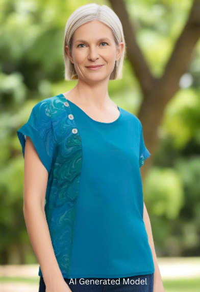 Woman wearing a marbled and dyed silk top in an outdoor setting.  AI generated model.