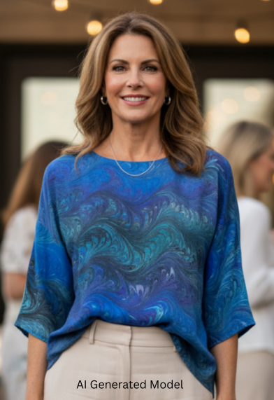 Woman wearing a marbled silk blue top and beige pants standing outdoors with blurred people in the background.  AI generated models.