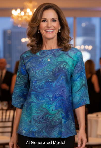 Woman in a blue and green hand marbled silk  top  standing in an elegant indoor setting with chandeliers and tables.  AI generated model.
